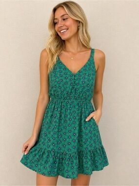 MELLODAY Green Floral V-Neck Tiered Mini Dress